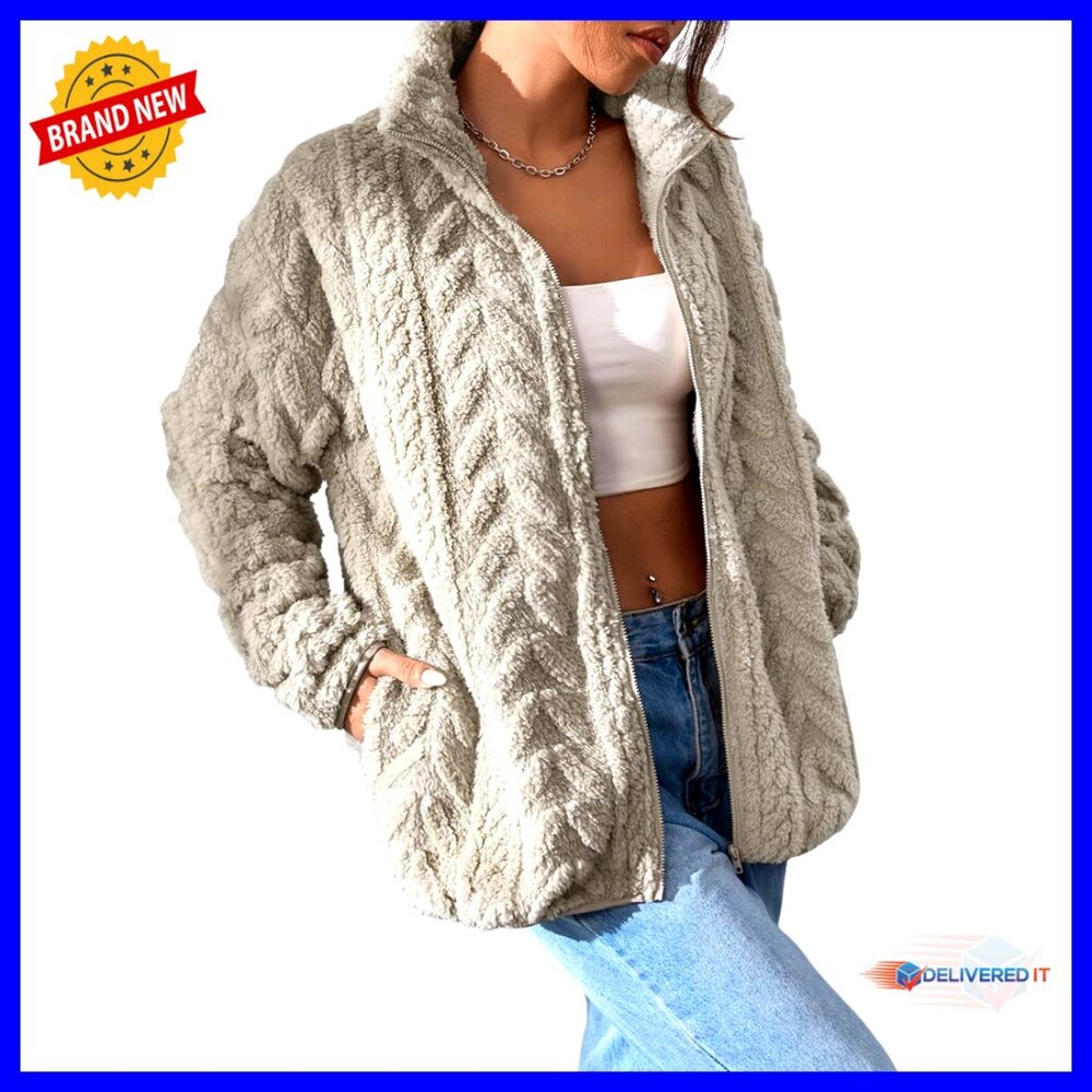Oversized Fleece Jacket Cozy Warm Winter Casual Chic Zipper Stand Collar
